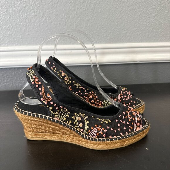Vtg Y2k Eric Michael Black Beaded Floral Embroidered Espadrille Wedge Heels 39 - Picture 3 of 7